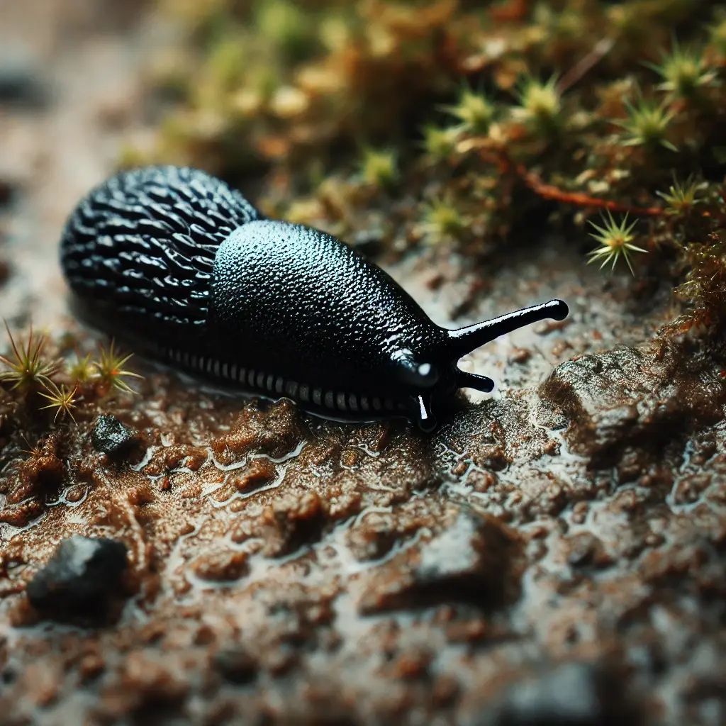 eine schwarze Nacktschnecke im Gemüsegarten