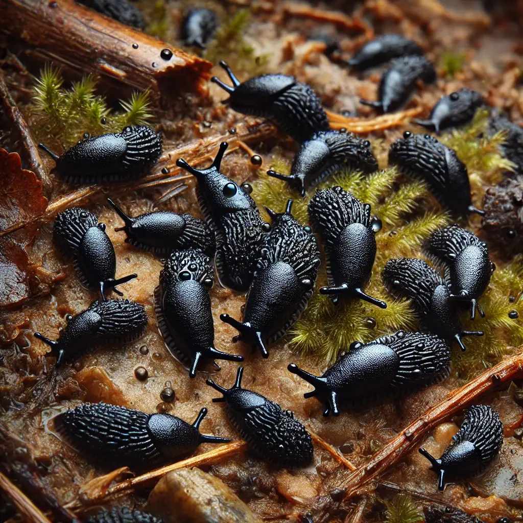 mehrere ganz kleine schwarze Nacktschnecken