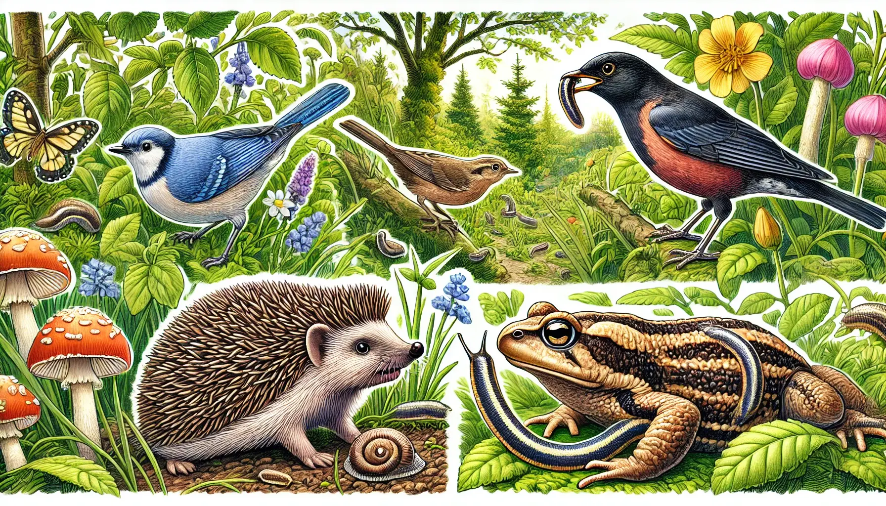 Illustration der Tiere, die Nacktschnecken fressen